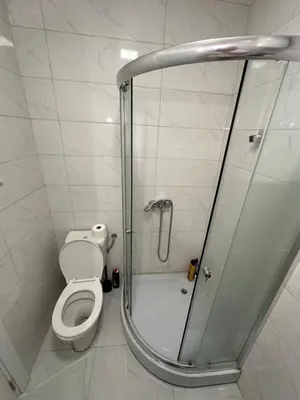 a bathroom with a toilet and a glass shower at Stex Prime City Kvart in Podgorica
