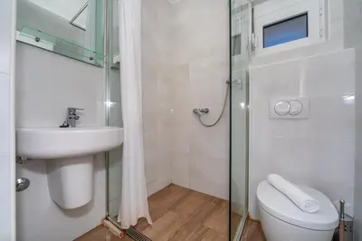 a bathroom with a toilet and a sink and a shower at Apartments Fortunella in Petrovac na Moru