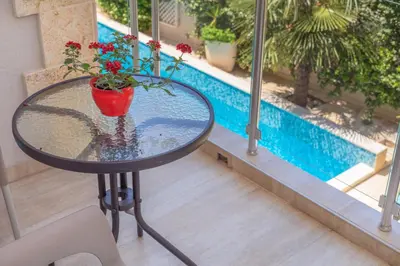 a glass table with a plant on it next to a pool at Apartments Fortunella in Petrovac na Moru