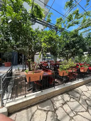 a group of tables and chairs with potted plants at Apartment ENJOY in Bar