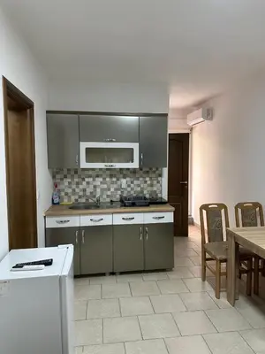 a kitchen with stainless steel appliances and a table at Benelux Šušanj in Bar