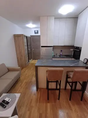 a kitchen and living room with a table and a couch at Ventura lux in Podgorica