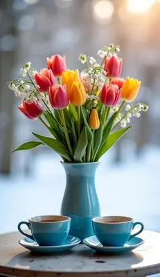 a blue vase with a bouquet of flowers next to two cups at Apartman ElaBi in Bar
