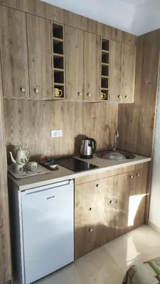 a kitchen with wooden cabinets and a white dishwasher at Apartments Skadar Lake in Vranjina