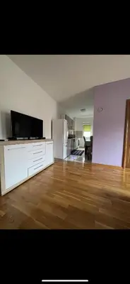 an empty living room with a television and a kitchen at Stan na dan Bar in Bar, Susanj