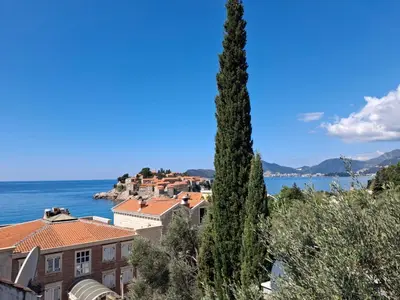 a view of a town with a large tree at Sveti Stefan Family Apartments in Budva