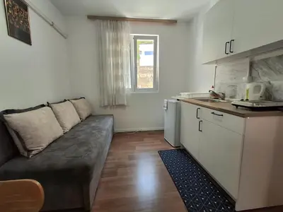 a living room with a couch and a kitchen at Sveti Stefan Family Apartments in Budva