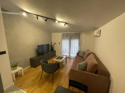 a living room with a couch and a tv at Apartment Tara in Podgorica