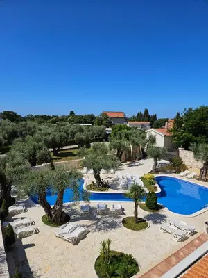 an overhead view of a resort pool with chairs and trees at Villa Ponta in Buljarica