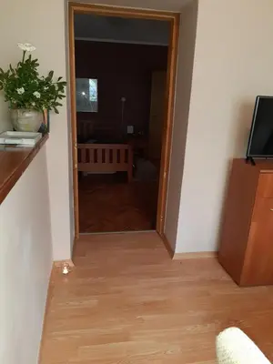 a door leading into a living room with a wooden floor at Apartments Ant in Budva