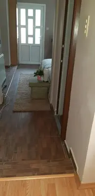 a hallway of a home with a door and wood floors at Apartments Ant in Budva