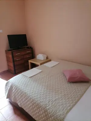 a bedroom with a bed and a dresser with a television at Apartments Ant in Budva