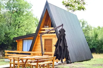 a cabin with a black roof and a table and chairs at Wooden House Šapat sela in Podgorica