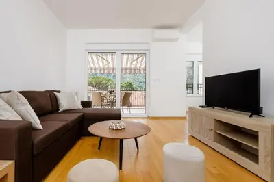 a living room with a brown couch and a flat screen tv at Apartment Noel Kotor Dobrota in Kotor