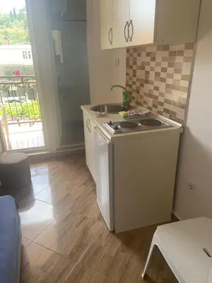 a small kitchen with a sink and a stove at Apartmani Duretic in Sutomore