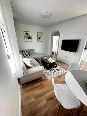 a living room with a couch and a tv at Airport Apartments MM in Golubovci