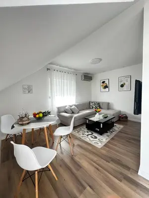 a living room with a couch and a table at Airport Apartments MM in Golubovci