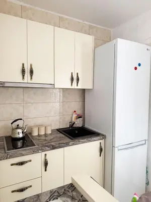 a kitchen with white cabinets and a white refrigerator at Apartman Zinzula in Petrovac na Moru