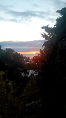 a sunset over the ocean with trees in the foreground at Trosoban stan in Bar