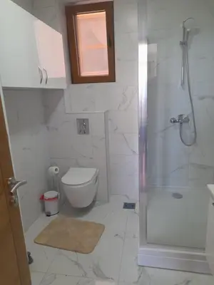 a white bathroom with a shower and a toilet at Apart SASHENKA 2 in Dobra Voda