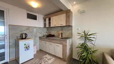 a kitchen with a sink and a refrigerator in a room at Golden Sun Apartments in Ulcinj