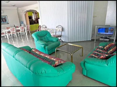 a living room with two green couches and a tv at Villa VIktoria in Petrovac na Moru