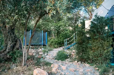 a garden with a tree and a blue fence at GO Glamping in Dobra Voda