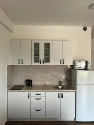 a kitchen with white cabinets and a sink at Alex apartment Bar in Bar