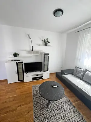 a living room with a couch and a table at City Apartment in Podgorica