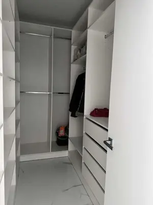a walk in closet with white cabinets and a door at Apartments Silversany in Budva