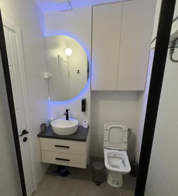 a bathroom with a sink and a toilet and a mirror at Gymnasium Rooftop Suite in Podgorica