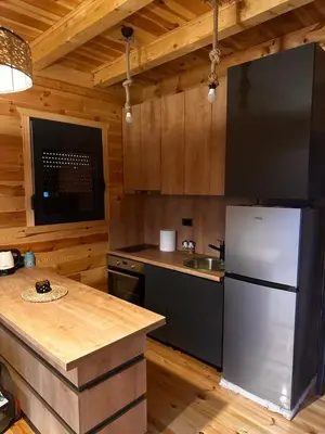 a kitchen with a white refrigerator and a sink at Era Cottage in Ulcinj
