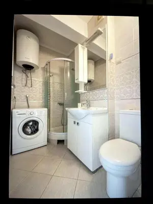 a bathroom with a toilet and a washing machine at Tucked in 2br apt with terrace in Budva in Budva