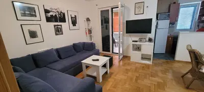 a living room with a blue couch and a tv at Аппартаменты Магнолия in Petrovac na Moru