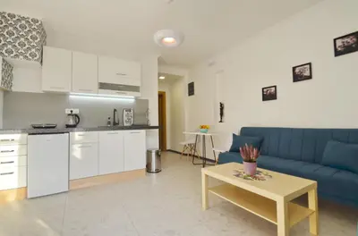 a living room with a blue couch and a table at Apartments Spasoje in Kotor