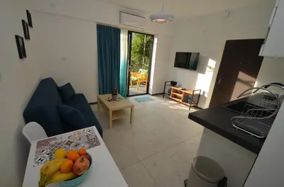 a kitchen and living room with a bowl of fruit on a table at Apartments Spasoje in Kotor