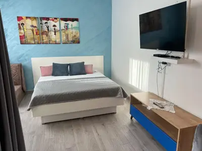 a bedroom with a bed and a flat screen tv at Budva APT in Budva