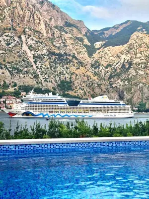 a cruise ship in the water with mountains at Sea view apartment with heated pool in Kotor