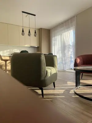 a living room with a green chair and a table at Apartman Pablo in Kotor