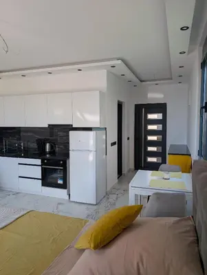a living room with a couch and a kitchen at Apartment Anja in Dobra Voda