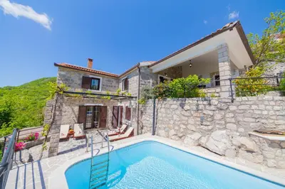 a villa with a swimming pool and a house at Villa Rustique in Budva