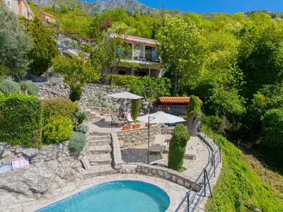 an aerial view of a house with a swimming pool at Villa Rustique in Budva