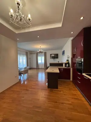 a large kitchen and living room with a chandelier at Apartments EVG in Rafailovici