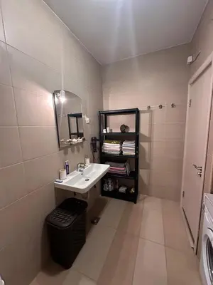 a bathroom with a sink and a mirror at Apartments EVG in Rafailovici