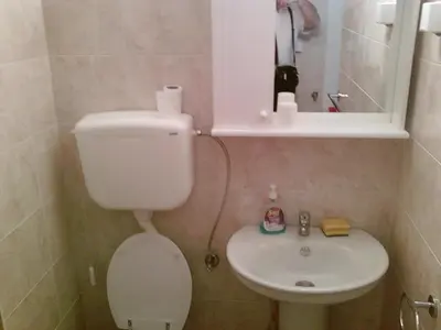 a small bathroom with a toilet and a sink at Apartments Perazica Do in Sveti Stefan