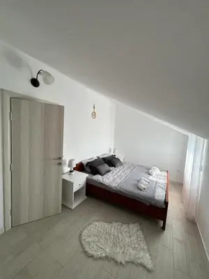 a white bedroom with a bed and a rug at Teodora Apartment in Kotor