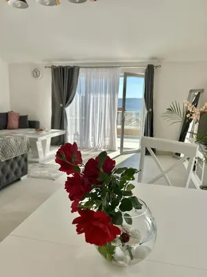 a vase with red flowers on a table in a living room at Teodora Apartment in Kotor