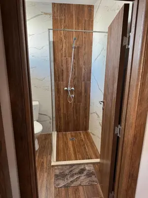 a shower with a glass door and a toilet at Airport apartments Jelena in Podgorica