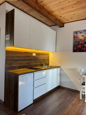 a kitchen with white cabinets and a sink at Airport apartments Jelena in Podgorica