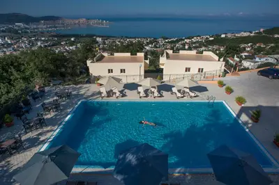 an overhead view of a swimming pool with umbrellas at Berg Apartments in Bar